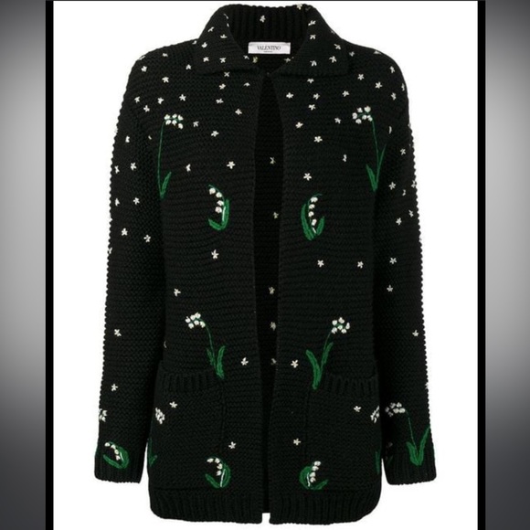 VALENTINO - LILY OF THE VALLEY HAND-EMBROIDERED VIRGIN WOOL CARDIGAN IN EERO M - Picture 2 of 9